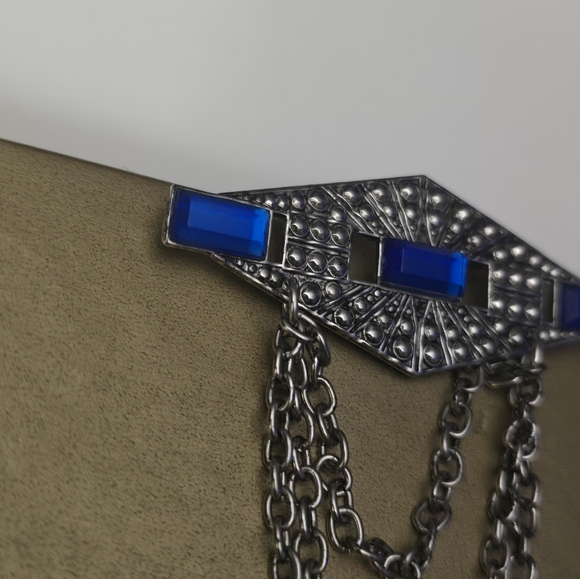 3/$20 Vintage Brooch Silver Tone Blue Rhinestones Drop Chains - Picture 2 of 8